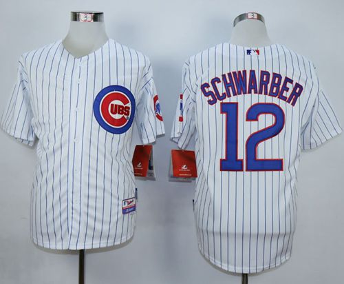 Cubs #12 Kyle Schwarber White Strip Cool Base Stitched MLB Jersey - Click Image to Close